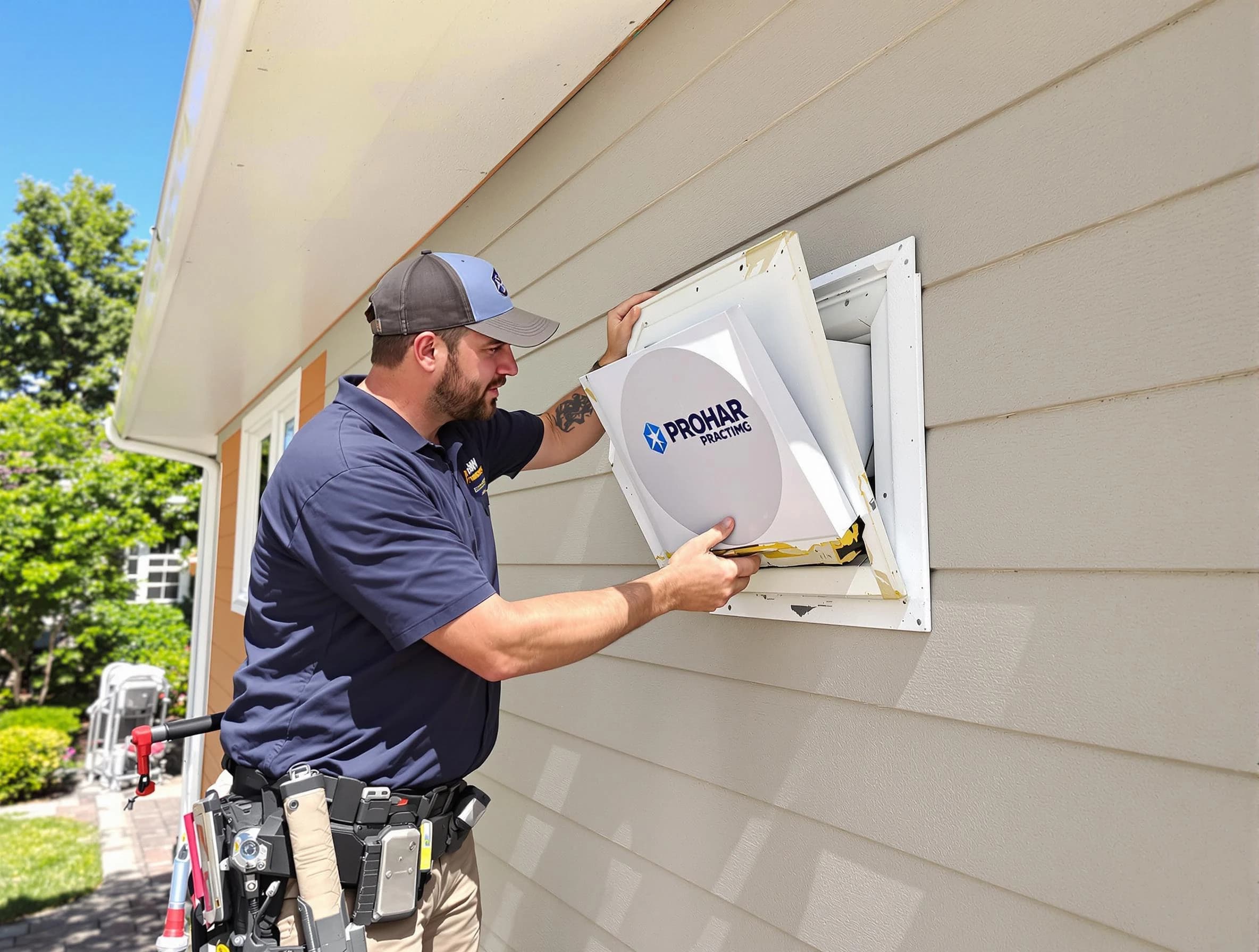Golden Dryer Vent Cleaning technician installing a new protective dryer vent cover on a home in Golden