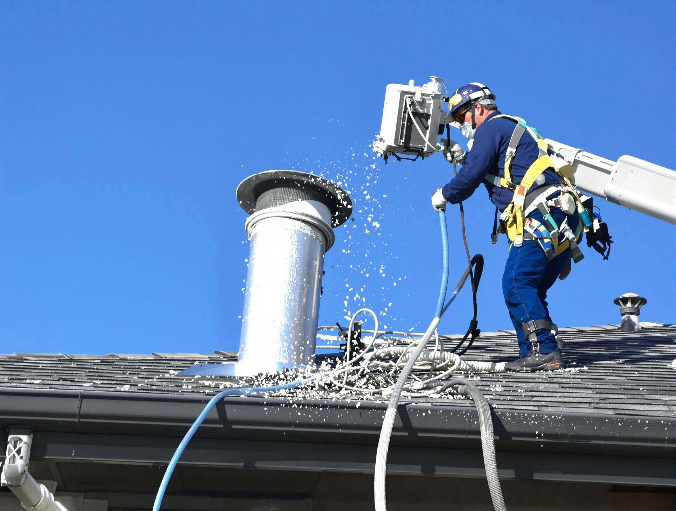 Golden Dryer Vent Cleaning certified technician safely cleaning a roof-mounted dryer vent in Golden